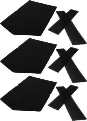 Three sets of black foam filters and black velcro straps arranged in rows against a white background.