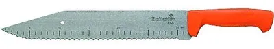 A long, serrated knife with an orange handle and markings on the blade.