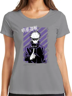 Produktbild von Jujutsu Kaisen Gojo Satoru Anime Manga lila Streifen Fan Vintage Damen T-Shirt, Grau, M