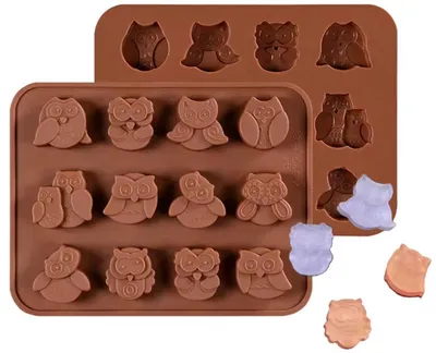 Productafbeelding van Siliconenmal - Uilen - Chocolade uilen - Bruine chocolademal - IJsblokjes - 12 uilen - 19/15 cm - 1 stuk - Siliconen - Zeepmal - Bakvorm - Vorm - Vorm - CHPN