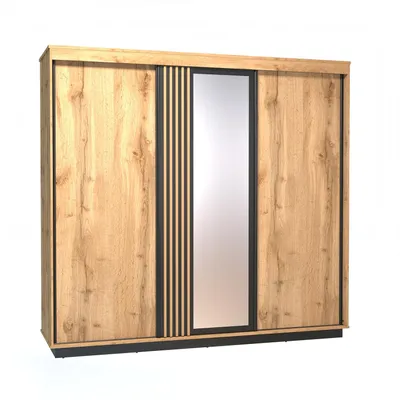 Produktbild von Dreitüriger Kleiderschrank LAMELO LA19 mit Spiegel. Schiebetürenschrank, Stauraum [Eiche Wotan + Schwarz]