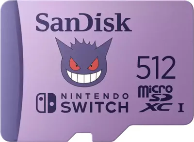 A SanDisk Nintendo Switch 512GB microSDXC card featuring a Gengar Pokémon graphic.