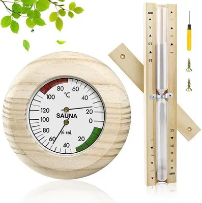 Produktbild von Sauna Thermometer Hygrometer Set mit Sanduhr - Holz
