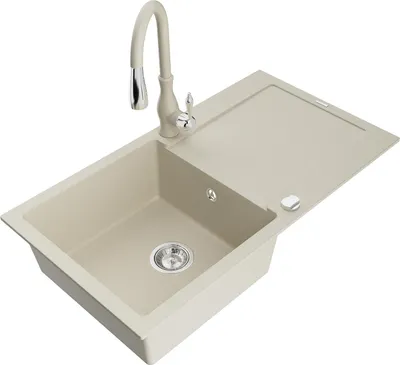 Immagine prodotto di Mexen Leo lavello da cucina in granito a 1 vasca con gocciolatoio e rubinetto cucina Savita, beige - 6501-69-672601-69