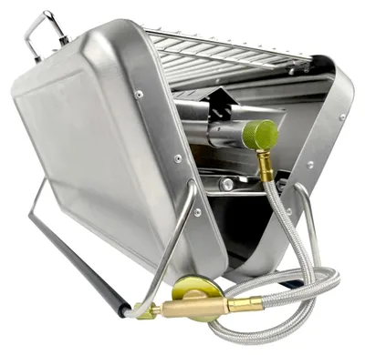 Produktbild von Mobiler Koffergrill aus Edelstahl für Gaskartuschen und Holzkohle | Klappbarer Camping-Grill für Picknick und Outdoor | 31x20x7 cm