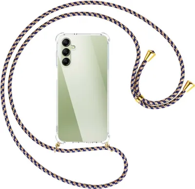 Produktbild von Handykette Backcover-Schutzhülle mit Band (Metall goldfarben) für Samsung Galaxy A14 4G (SM-A145) - blau+beige