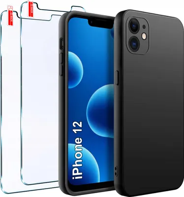 Productafbeelding van Beschermhoesje voor iPhone 12 | Mat zwart siliconen, slank model + 2 stuks screenprotector (glas)