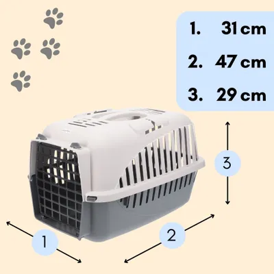 A pet carrier with dimensions indicated by numbers and text.