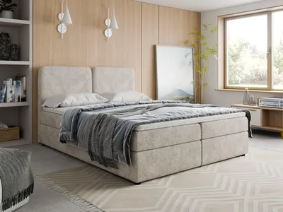 Produktbild von Boxspringbett 160x200 BOHO Bouclé Beige inkl. Topper, 2 Matratzen & 2 Bettkästen | Hotelbett Polsterbett Design-Kopfteil