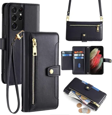 Produktbild von Handykette Samsung Hülle mit Band Handyhülle Kartenfächer Kunstleder Umhängetasche Galaxy S21 Ultra Schwarz