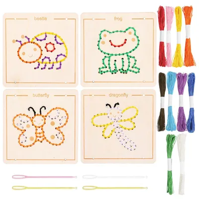 Produktbild von Stickspielzeug Holztiere Montessori Stickset - 4 Holzschablonen - 10 Wollfäden und 4 Kunststoffnadeln - Für Kinder