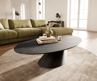 Produktbild von DELIFE Couchtisch Edge Oval 140x80 cm Keramik Laminam® Noir Desir Braun Conis Metall Schwarz