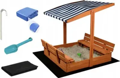 Produktbild von Sandkasten mit Abdeckung Dach Deckel Sitzbank und Boden, Sandkiste Holz