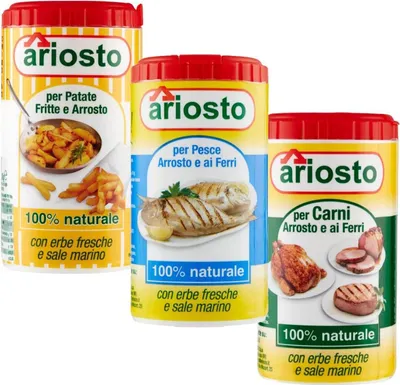 Produktbild von Testpaket 12x Ariosto Gewürz für gebratenen und gegrillten Fisch, Fleisch und Brat- und Bratkartoffeln 80g + italian Gourmet Polopa 400g