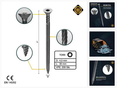 Immagine prodotto di Vite per legno universale FORTE Tools 4,0 x 30 mm T20, 200 pezzi (000040113868), zincata argento, testa svasata Torx, filettatura continua