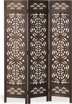 Image de Paravent 3 panneaux bois marron design ornemental cloison décorative séparateur d’espace