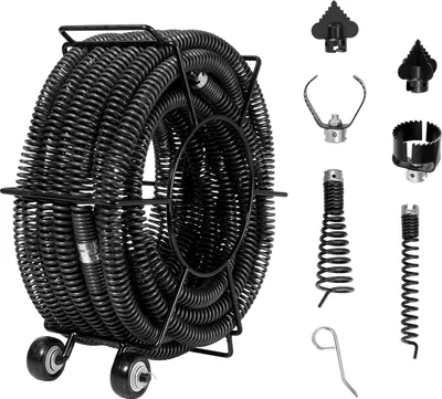 Zdjęcie produktu dla SucceBuy spirala do czyszczenia rur 60 FT x 1-1/5 cala, profesjonalna spirala do czyszczenia rur z 6 obcinakami do rur 2,0" - 7,9", wydrążony rdzeń do zlewu, odpływu podłogowego, toalety