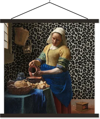 Produktbild von MuchoWow® Textilposter Milchmädchen - Kunst - Pantherdruck - Vermeer - Gemälde - Alte Meister 40x40 cm mit schwarzem Rahmen - Fotos