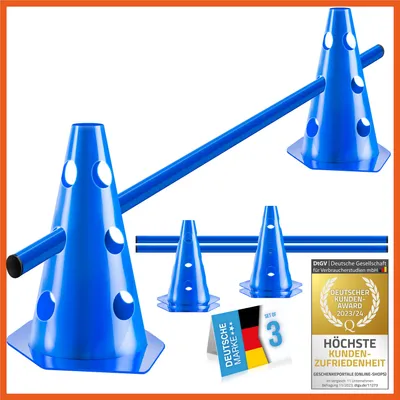 Produktbild von Premium Steckhürden Set für Hunde & Fußballtraining – Blaues Agility Trainingszubehör mit 100cm Stange & 2 Hütchen – Vielseitiges Hürdenset