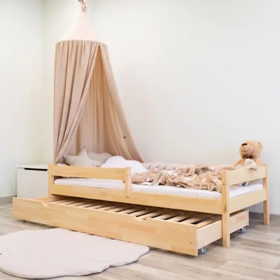 Produktbild von MEBLE WRÓBEL Kinderbett 80x180 cm mit Auszugbett, Rausfallschutz & Lattenrost - Kinder Bett Montessori - Jugendbet aus Kiefer Massivholz - Einzelbett ohne Matratze