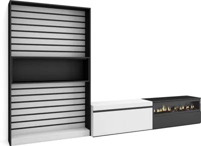 Produktbild von Wohnwand Wohnzimmer, 310x35x186cm, Für TV-Geräte bis zu 80", Elektrokamin. Weiß und Schwarz