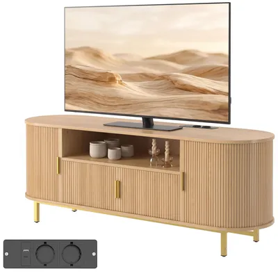 Produktbild von TV-Board 140 cm mit Steckdosen & USB, Lowboard für TVs bis 84 Zoll, TV-Schrank mit Lamellen-Schiebetüren & Kabeldurchführung, Eiche-Optik
