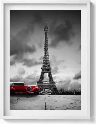 Produktbild von Eiffelturm und rotes Auto– Wandbild mit Rahmen – Gerahmtes Bild  – Wanddekoration – 60x80 cm –  Weiß Rahmen