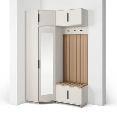 Produktbild von Garderoben-Set Napoli Version 23: Eckschrank mit Polsterpaneelen, Schuhschrank und Schrankaufsatz Flur und Eingangsbereich (Cashmere/Trinity 04)