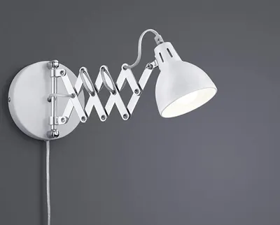 Produktbild von Retro Wandleuchte mit Scherengelenk und rundem Metall Lampenschirm in Weiß matt