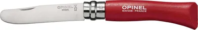 A red Opinel N°07 folding knife is shown against a white background.