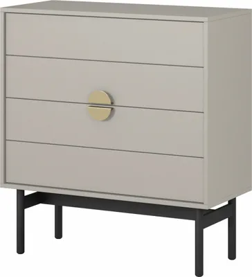 A grey-beige taupe chest of drawers with four drawers and a gold handle, resting on a black metal frame.