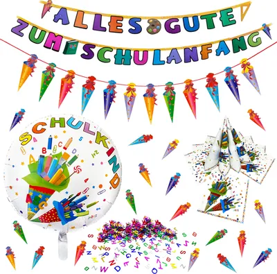 Produktbild von Oblique Unique Schuleinführung Einschulung Deko Set - Folienballon Schulkind + 2x Girlande + Servietten + 2x Konfetti Set