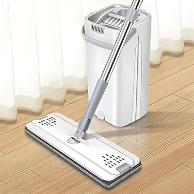 Produktbild von Wischmops, Wischmopp Set, mit 125 cm Flachmopp und Bodenreinigungsset, Doppelkammereimer, nass und trocken, Eimer, 360° schwenkbarer Mopp