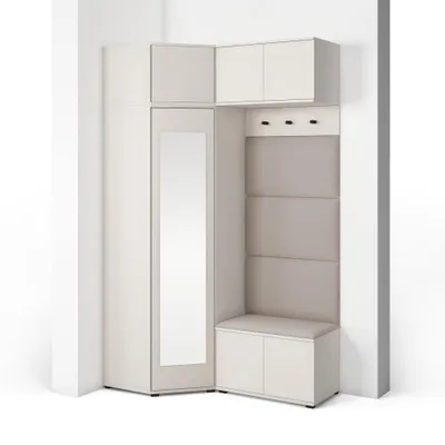 Produktbild von Garderoben-Set Napoli Version 19: Eckschrank mit Polsterpaneelen, Schuhschrank und Schrankaufsatz Flur und Eingangsbereich (Cashmere/Trinity 03)