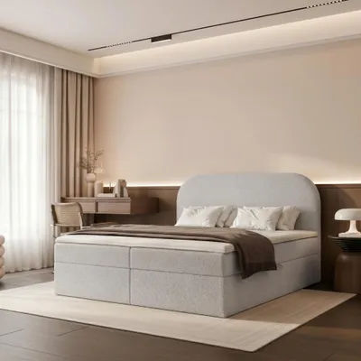 Obrázek produktu pro Postel s pružinovým roštem FUZZI 180x200, úložný prostor, matrace Bonell, šedá bouclé