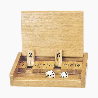 Produktbild von goki HS185 Shut the box Würfelspiel, 13,5 x 9 x 2,5 cm, Holz, 2 Würfel, natur