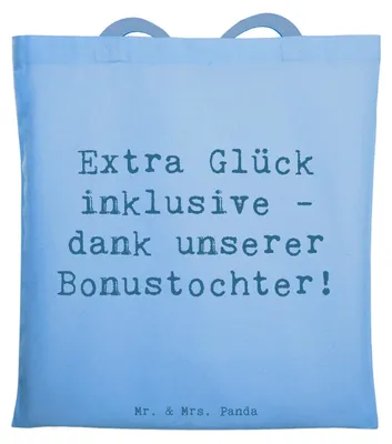 Produktbild von Mr. & Mrs. Panda Tote Bag Spruch Bonustochter Glück - Sky Blue - Geschenk, Jutebeutel, Laptoptasche, einzigartige Designs, Liebe, Tasche, Familienleben, Stieftochter