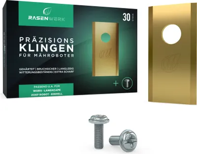 Produktbild von RASENWERK® - Hochwertige Mähroboter Messer mit passenden Schrauben - Universal Ersatzklingen Ersatzmesser für die Marken WORX, LandXcape, Zoef Robot und Einhell – Rasenroboter Messerset – 30 Stück
