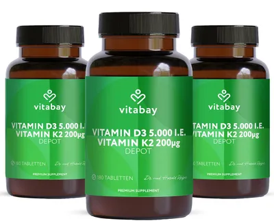 Produktbild von Vitabay Vitamin D3 + K2 Depot – 540 vegane Tabletten – hochdosiert – 5000 IE Premium Vitamin D3 mit K2-MK7 All-Trans – ohne Zusätze – vegan & labor in Deutschland – 3er Bundle