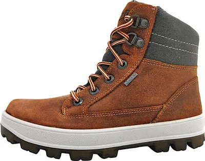 A side view of a brown winter boot.
