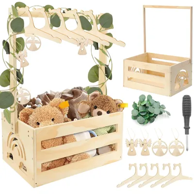 Produktbild von Babykorb mit Rädern, Holz Aufbewahrungskorb mit Griff, 5 Kleiderbügel, für Babyparty