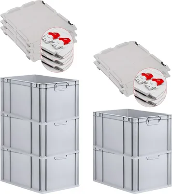 Produktbild von SuperSparSet 5x Eurobox NextGen Grip mit Scharnierdeckel und roten Schiebeschnappverschlüssen | HxBxT 32x40x60cm | 65 Liter | Grau | Griffe geschlossen | Verstärkter Boden | Eurobehälter, Transportbox, Transportbehälter, Stapelbehälter