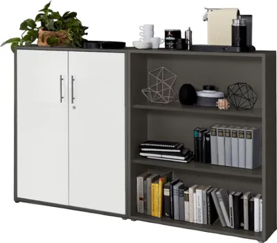 Produktbild von Aktenschrank TABOR 1 niedrig in anthrazit / weiß matt, Schrankwand, Büroschrank, abschließbar, Metallgriffe