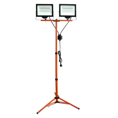 Produktbild von MasterLED Flutlicht SMD Neves Set mit Stativ 2x100W 4500K Neutralweiß – 16000lm, IP65, Schwarz/Orange, 230V – Aluminium für Baustelle & Werkstatt