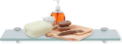 Immagine prodotto di Fiqops mensola in vetro Mensola in vetro ideale per il bagno, la doccia e la decorazione moderna con supporto in acciaio inox 8 mm 60x10 cm in vetro smerigliato