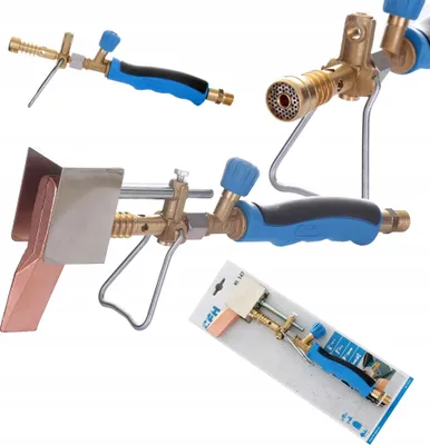 Multiple views of a soldering torch kit, including one in its packaging.
