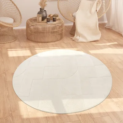 Image de Tapis de salon Motif Skandi Boho Uni 3D Abstrait Crème Taille 120 cm Rond