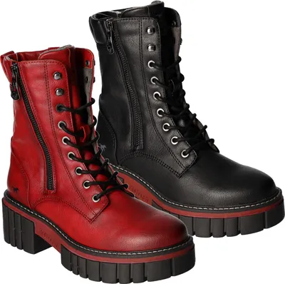 Two pairs of women's boots, one red and one black, are displayed side-by-side against a white background.
