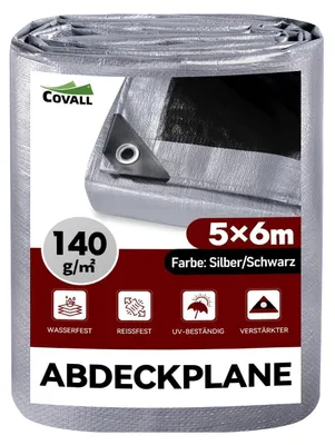 Image de Bâche de protection avec œillets, dimensions 5x6 mètres, 140 g/m², couleur argent/noir, imperméable, bâche de protection pour charges lourdes