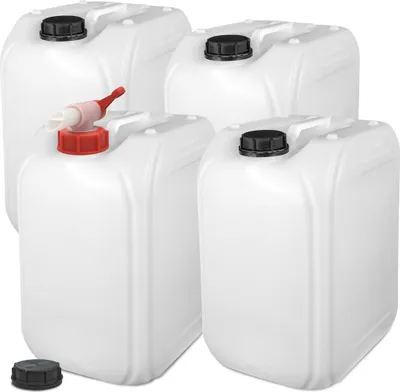 Produktbild von plasteo 4 x 25 Liter Getränke- Wasserkanister Natur | mit 1 Hahn und 4 Schraubdeckel (DIN 61) | Lebensmittelecht | Tragbar | Indoor und Outdoor